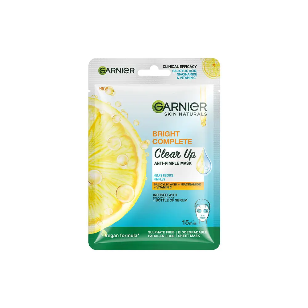 Garnier Bright Complete Anti Pimple Sheet Mask - Infused With Salicylic Acid, Niacinamide and Vitamin C Serum | Face Sheet Mask For Clear, Hydrated And Glowing Skin