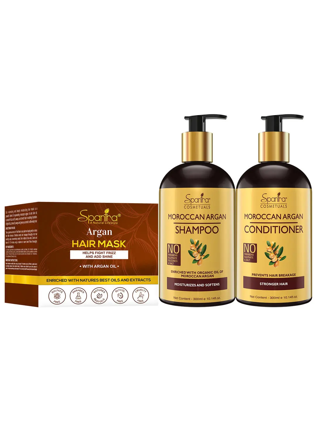 Spantra Moroccan Argan Shampoo & Conditioner, 300ml Each with Hair Mask, 250gm ( Combo Pack Of 3)