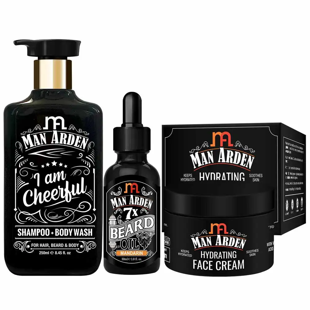 Man Arden Cheerful Skin And Hair Combo,  3 Piece(s)/Pack  I Am Cheerful Shampoo Body Wash, Beard Oil(Mandarin), Hydrating Face Cream