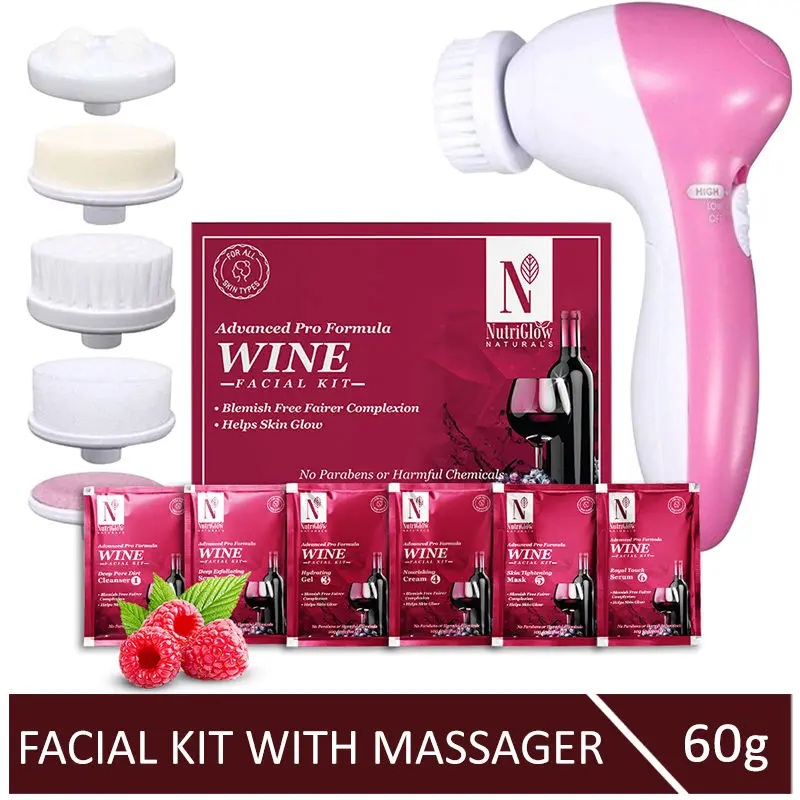 NutriGlow NATURAL'S Advanced Pro Formula Wine Facial Kit (60 gm) with 5 in 1 Rotating Face Massager