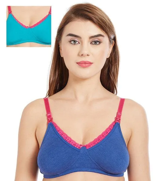 Inner Sense Organic Cotton Antimicrobial Laced Nursing Bra Pack of 2 - Blue