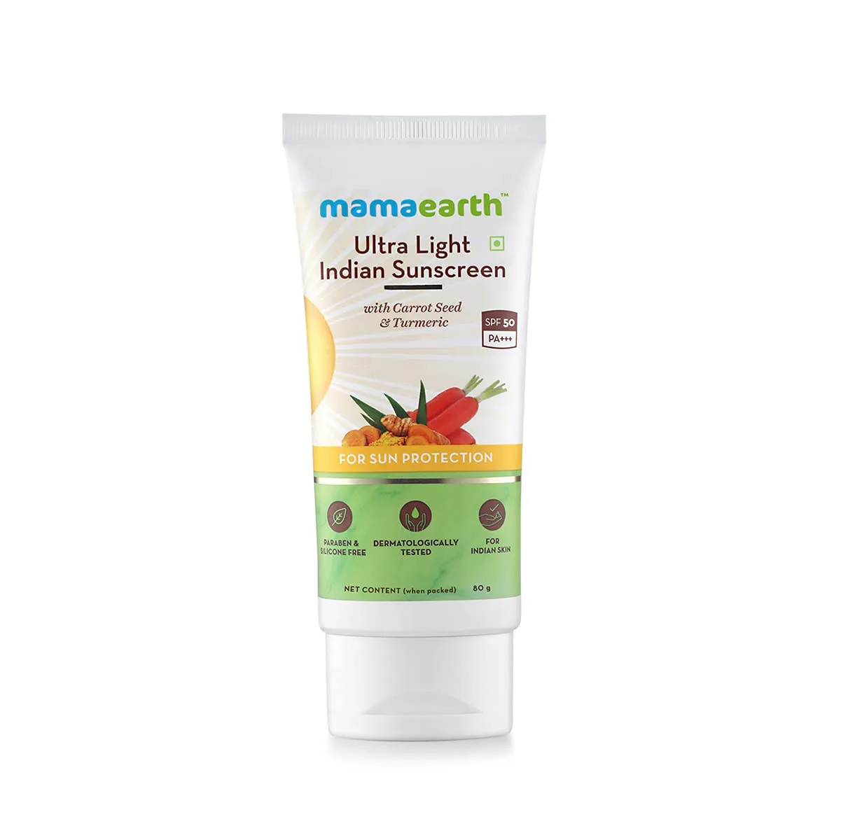 Mamaearth Ultra Light Indian Sunscreen SPF50 PA+++ With Turmeric & Carrot Seed