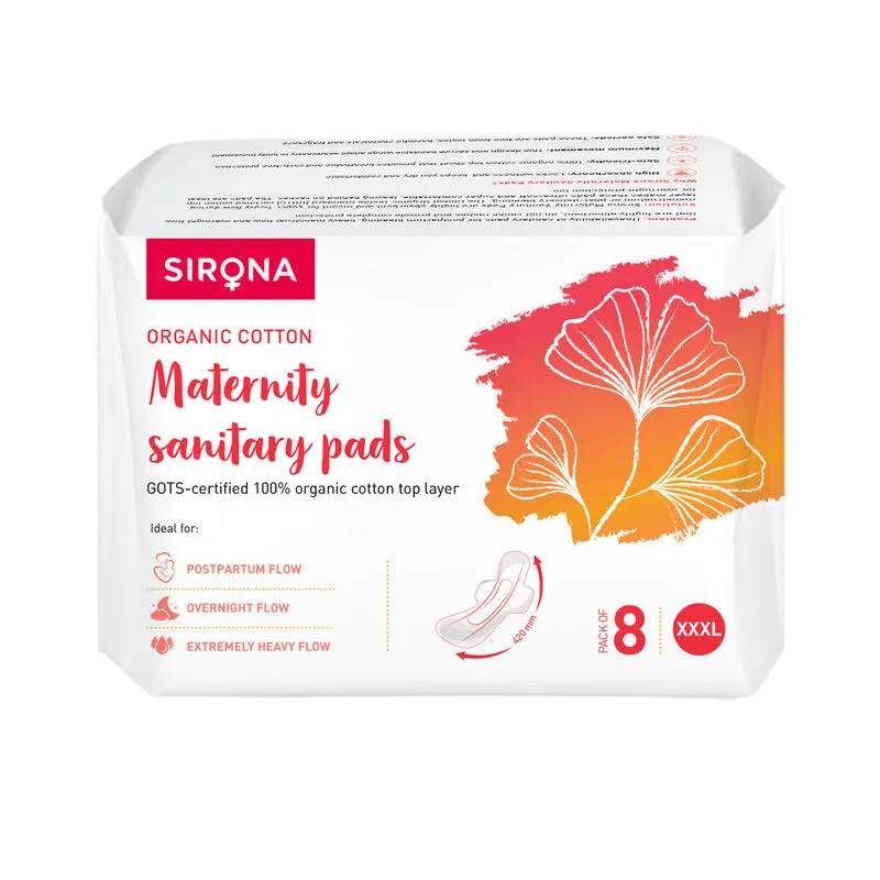 Sirona Natural Ultra Soft Sanitary Pads - 8 Pads (3XL) for Maternity, Overnight & Heavy Flow