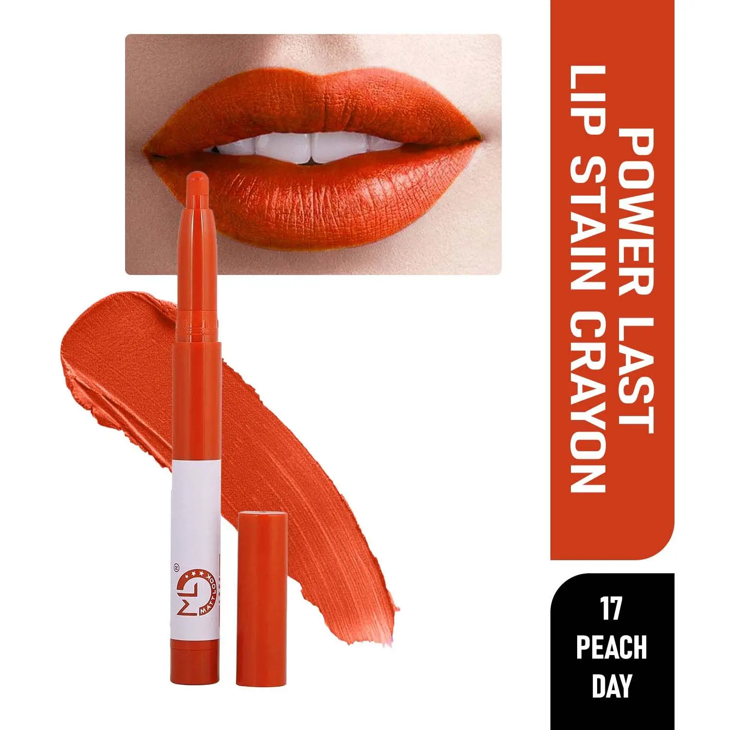 Matt look Power Last Lip Stain Crayon Lipstick, Rich Colour, Non Transfer, Mask Proof & Luxurious Creamy Matte, Peach Day (1.3gm)