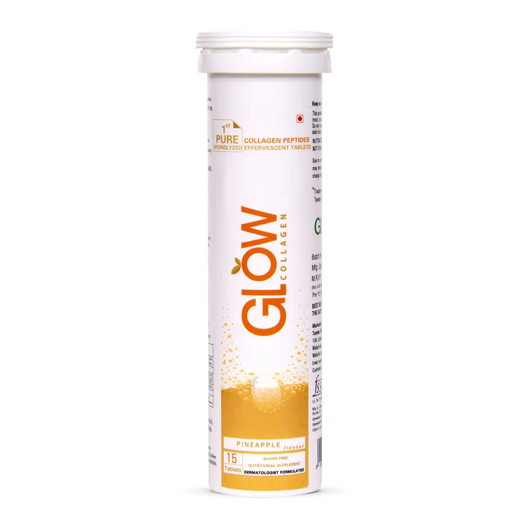 GLOWGLUTATHIONE Glow Collagen 1000 1st Collagen Peptides (Hydrolyzed) 1000mg Effervescent High Absorption Pineapple Flavour 15 Tablets for Skin, Thick Hair, Stronger Nails and Joints