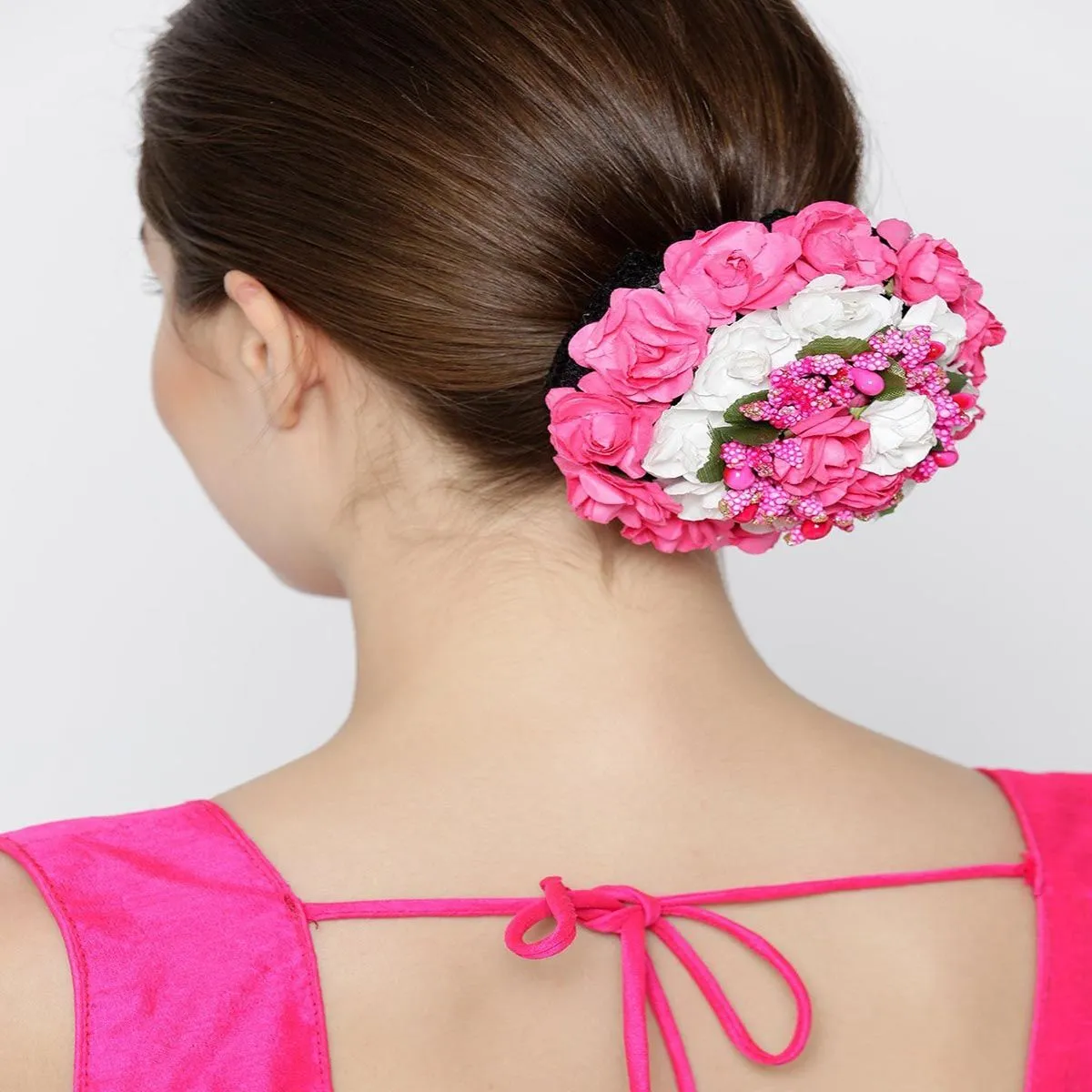 Priyaasi Artificial Pink And White Rose Flower Handcrafted Bun Maker Hair Accessories