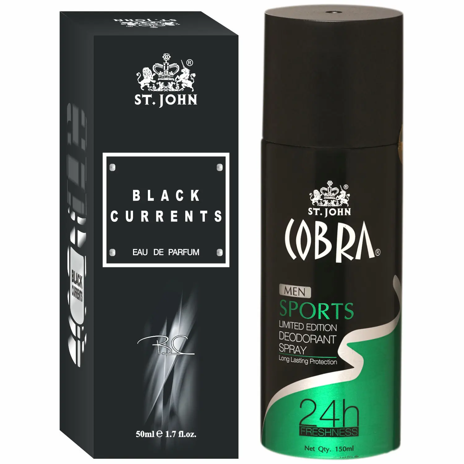 ST-JOHN Cobra Deodrant Sports 150 ml & Cobra Black Current 50ml Perfume Combo Gift Pack Perfume Body Spray - For Men & Women (200 ml, Pack of 2)