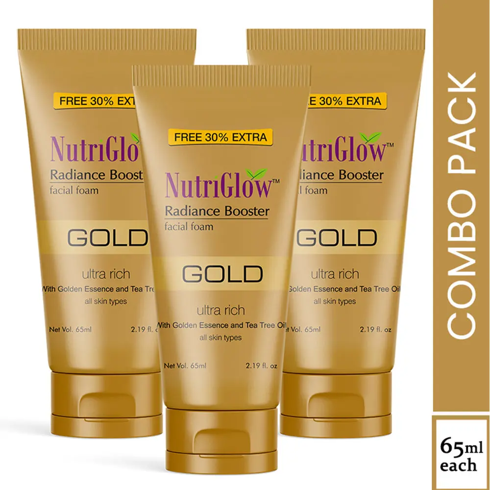 NutriGlow Set of 3 Gold Radiance Booster Facial Foam With Gold Essence & Kesar Extracts, 65ml each