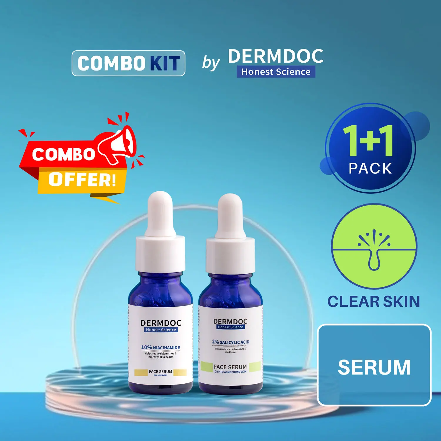 DERMDOC Combo Kit for Clear Skin | salicylic acid serum | niacinamide face serum | oily skin | blackheads , whiteheads | acne prone skin