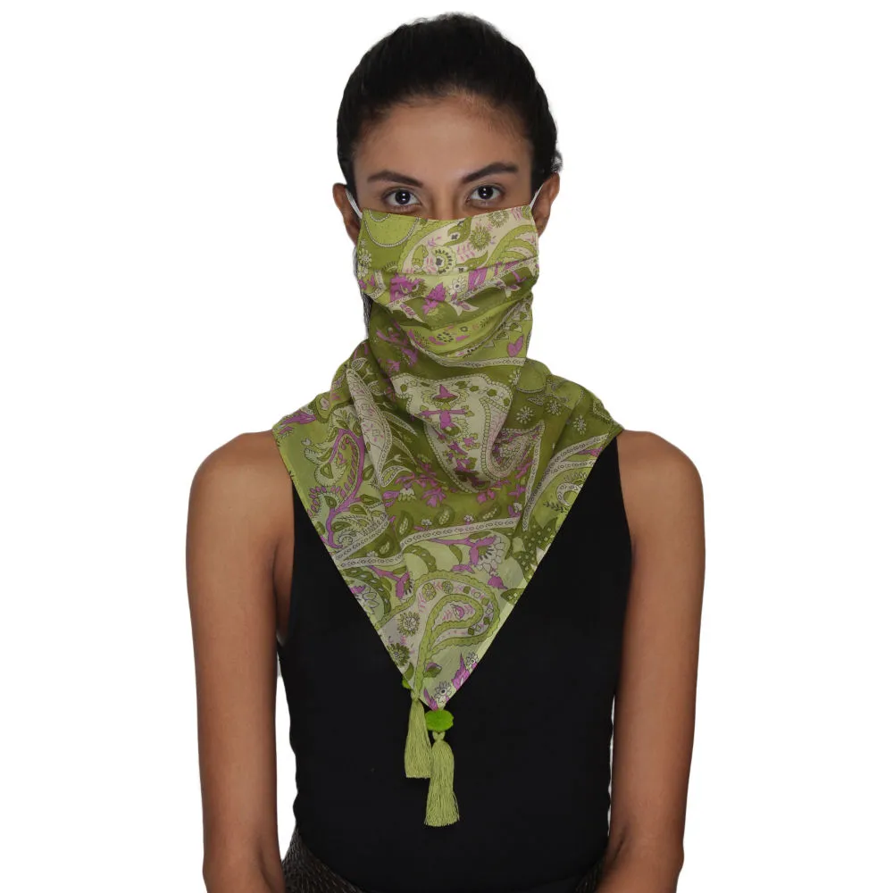 Anekaant 3-Ply Reusable Green & Multi Poly Chiffon Printed Tesselled Scarf Style Fashion Mask