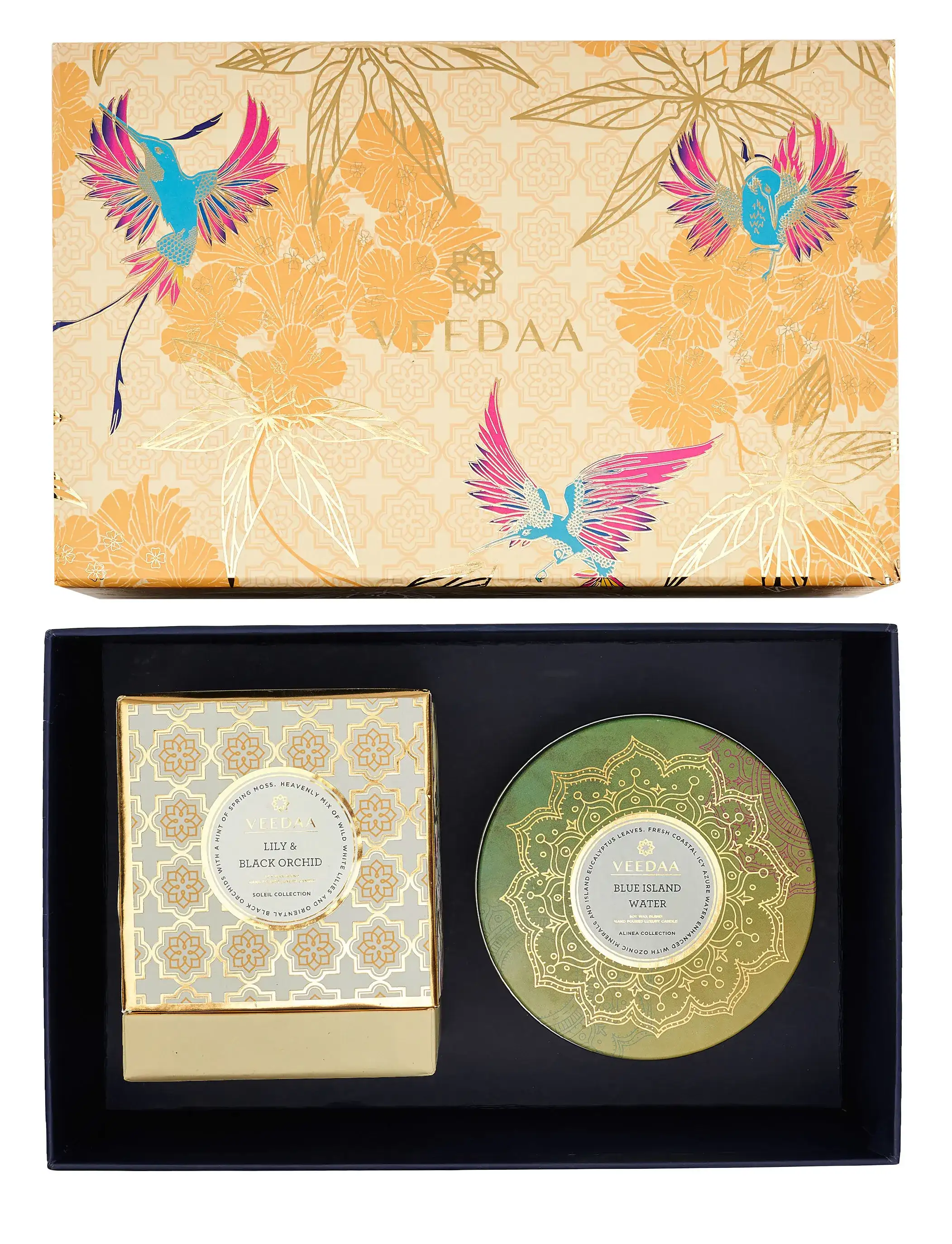 Veedaa Gift Set Lily & Black Orchid Danube Glass & Blue Island Water 3 Wick Tin Scented Candles