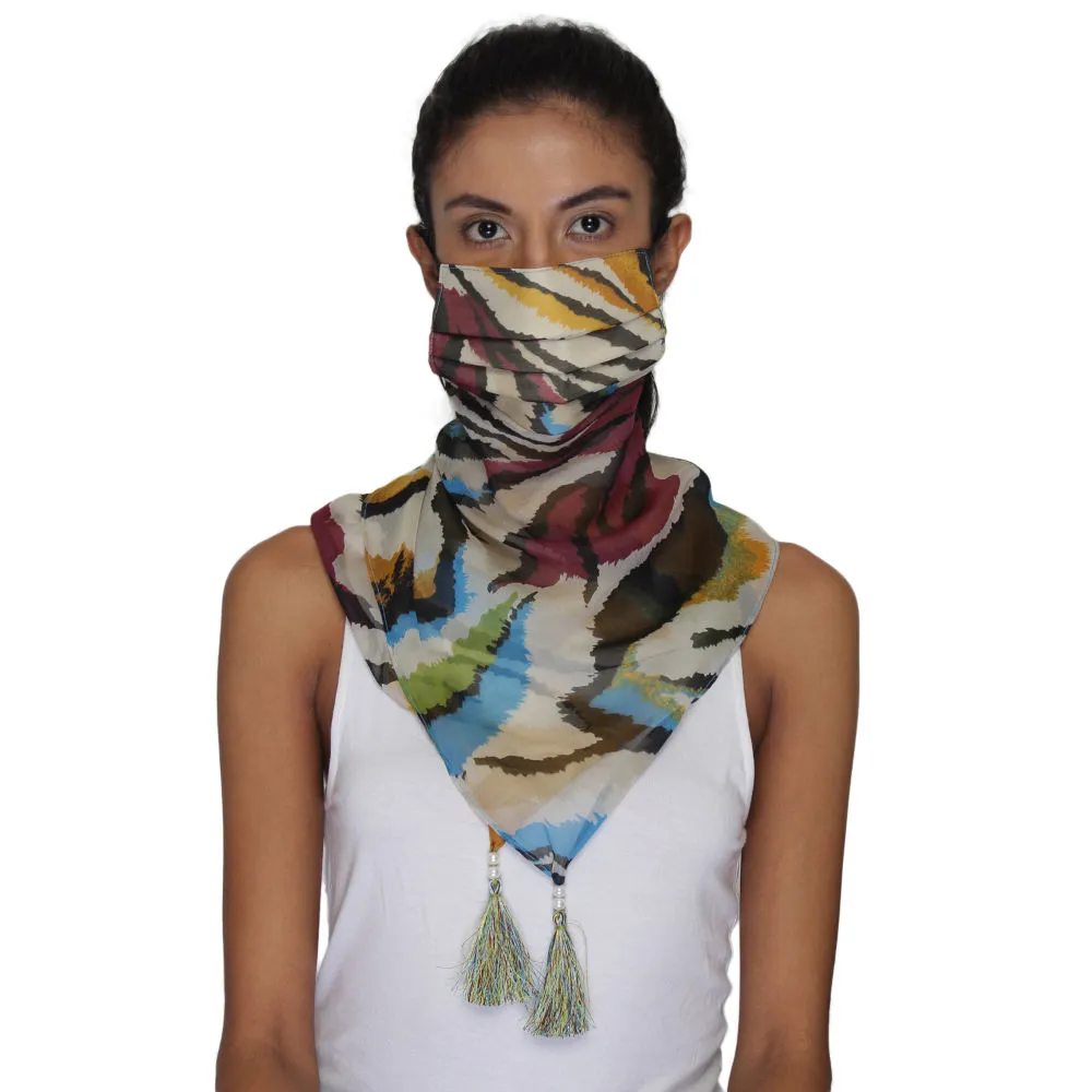 Anekaant 3-Ply Reusable Multi Poly Chiffon Printed Tesselled Scarf Style Fashion Mask