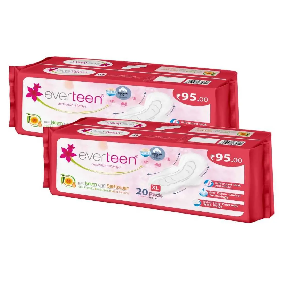 everteen XL cottony- soft sanitary Pads with Neem and Safflower for Women - 2 Pack (40 Pads 280 mm) (40 pcs)