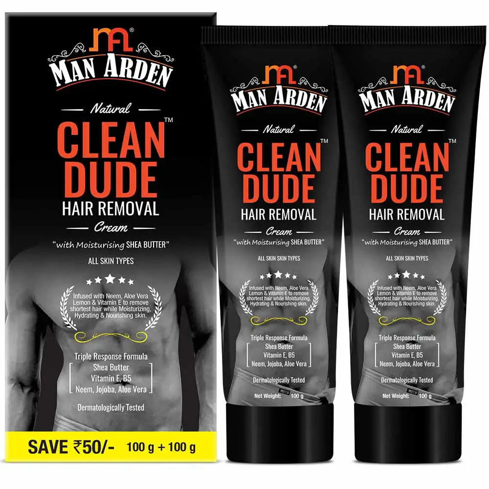 Man Arden Natural Clean Dude Hair Removal Cream for Men,  100 g  All Skin Types Triple Response Formula Pack of 2