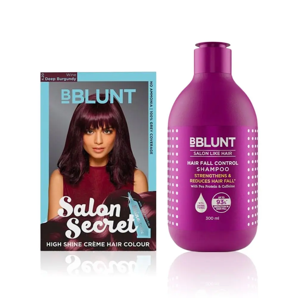 BBLUNT Salon Secret High Shine Creme Hair Colour - Wine Deep Burgundy 4.20. No Ammonia ( 100 g+8ml)+BBLUNT Hair Fall Control Shampoo with Pea Protein & Caffeine for Stronger Hair (300 ml)