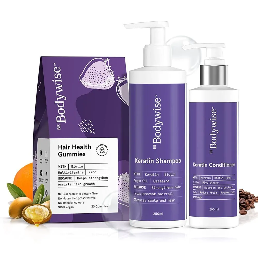 Be Bodywise Daily Hair Care Kit - Hair Gummies, Keratin Shampoo & Conditioner - Reduces Hair Fall