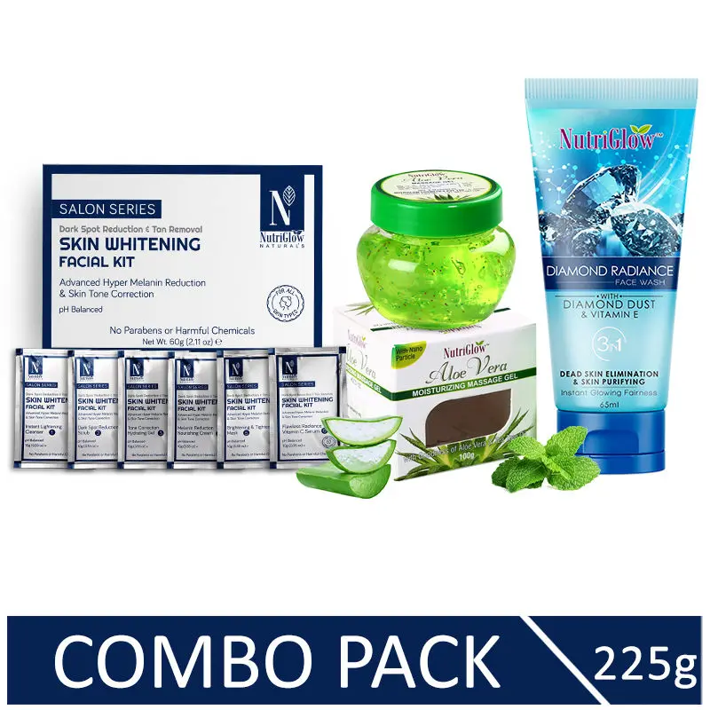 NutriGlow NATURAL'S Advanced Pro Formula Combo of 3 Skin Whitening Facial Kit (60 gm)/ Aloe Vera Face Gel (100 gm) & Diamond Face Wash (65 ml)