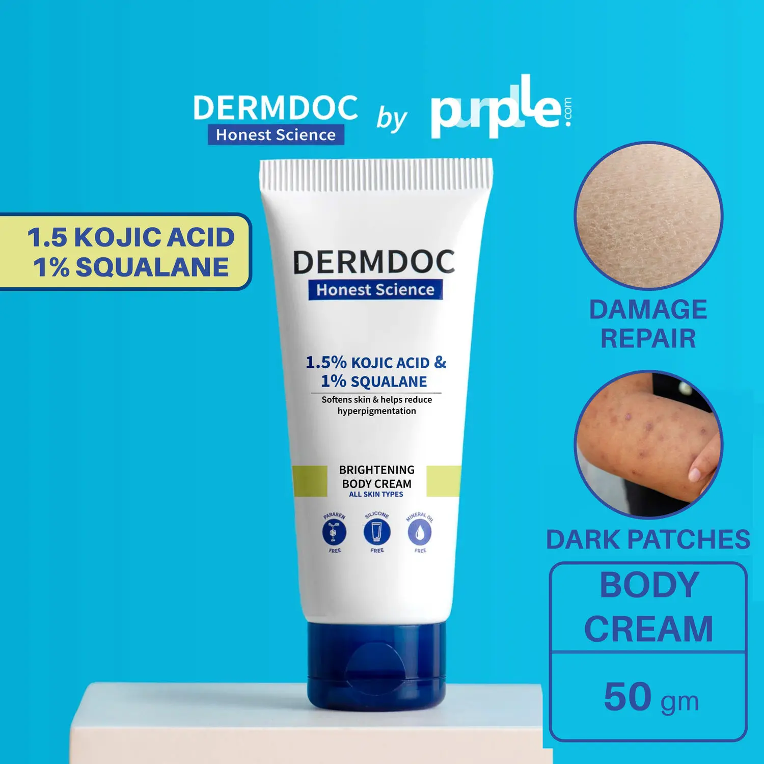 DERMDOC by Purplle 1.5% Kojic Acid & 1% Squalene Brightening Body Cream (50g) | daily brightening body lotion | dark spots, sun tan, dark patches, hyperpigmentation