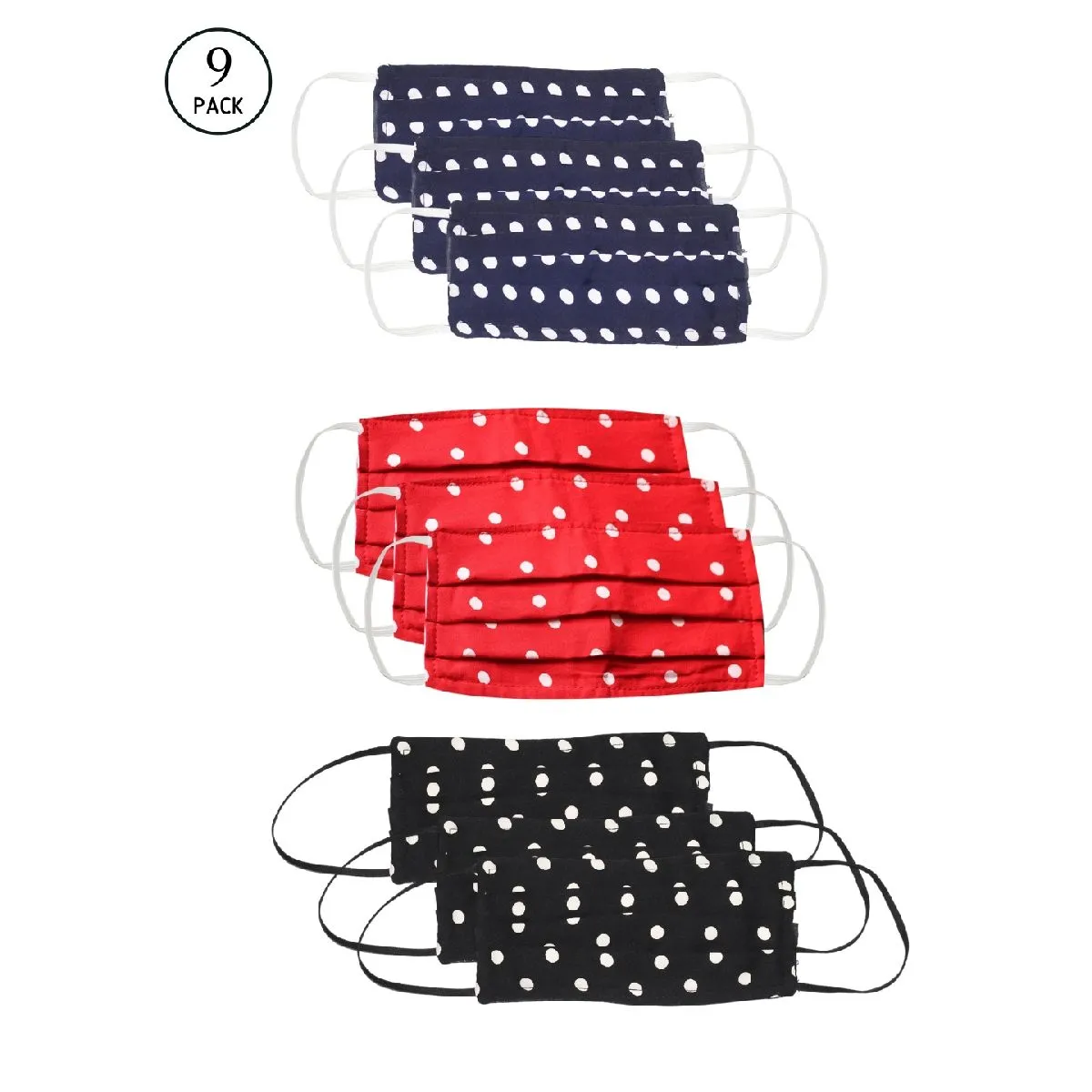 Bellofox 3-Ply Red Red- Blue & Black Polka Cotton Face Mask (Pack Of 9)