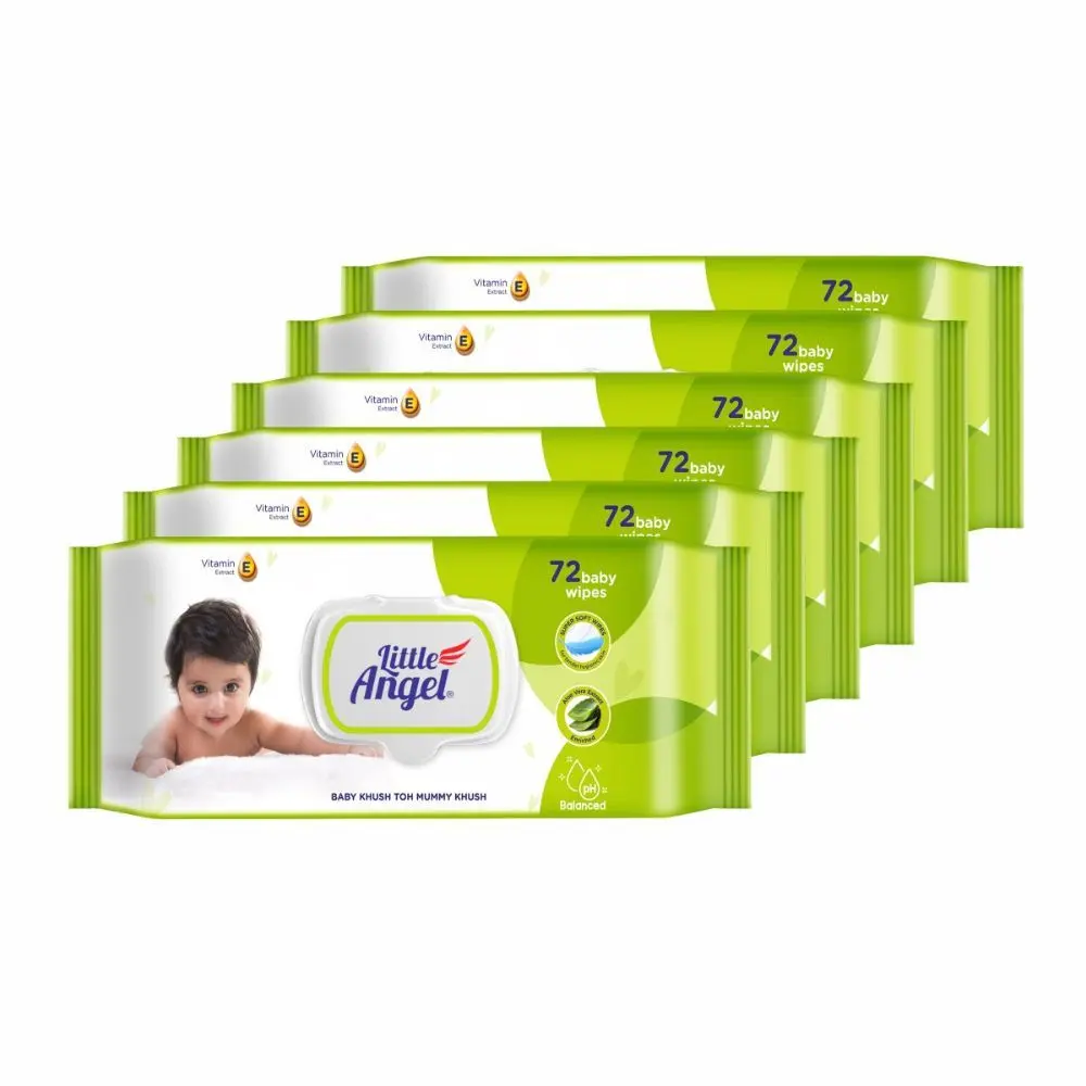 Little Angel Super Soft Cleansing Baby Wipes Lid Pack, 432 Count, Enriched with Aloe vera & Vitamin E, pH balanced, Dermatologically Tested & Alcohol-free, Pack of 6,72 count/pack