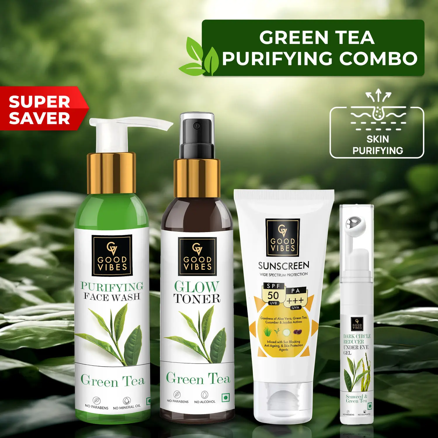 Good Vibes Skin Purifying Green Tea Combo (Facewash, Toner, Under eye gel, Sunscreen)