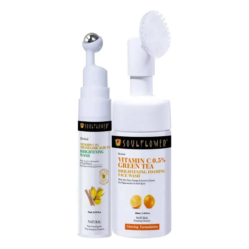 Soulflower Vitamin C Brightening Skincare Combo (Green Tea Facewash & Brightening Wand)