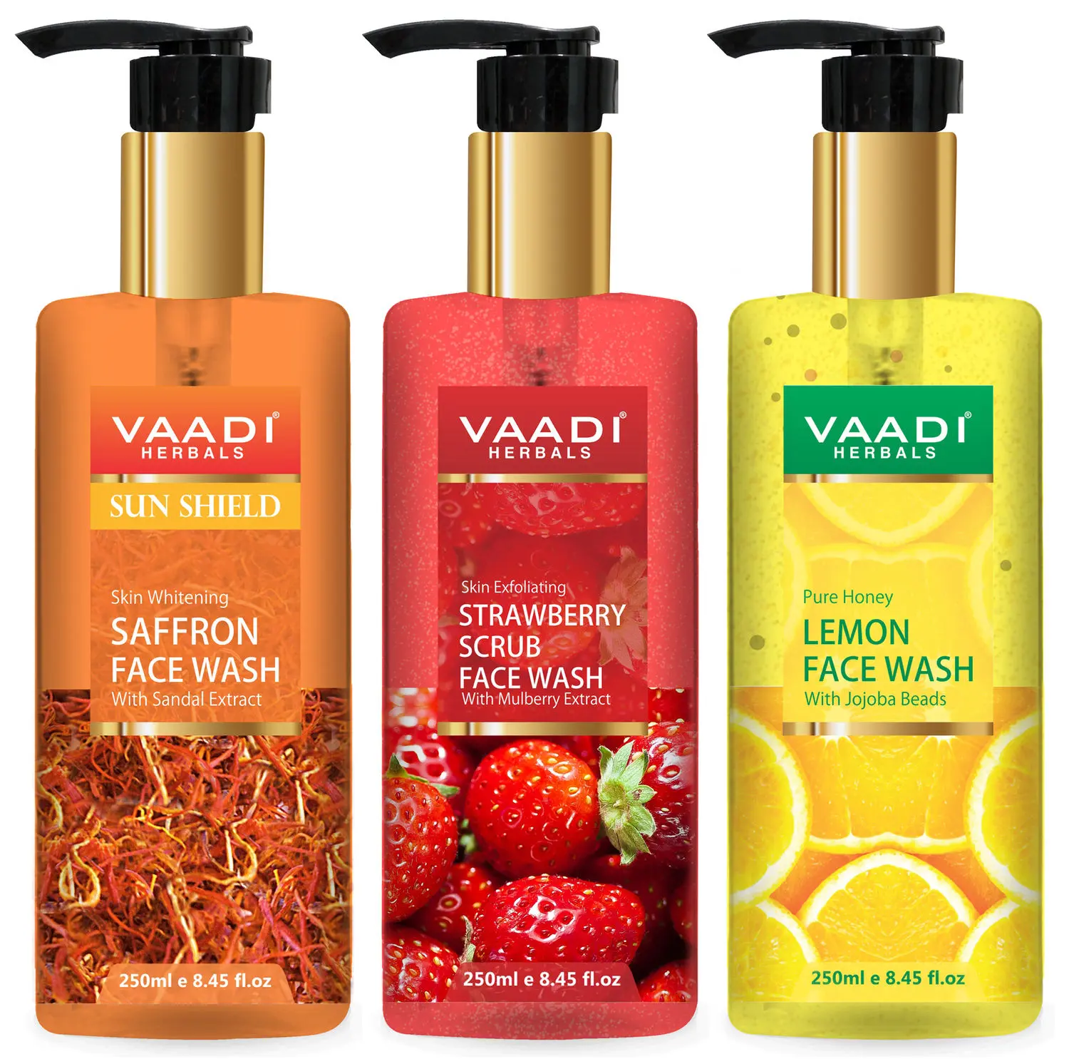 Vaadi Herbals Pack of 3 Luxurious Face Wash - Skin Whitening Saffron (250 ml) Strawberry Scrub (250 ml) & Pure Honey Lemon (250 ml)