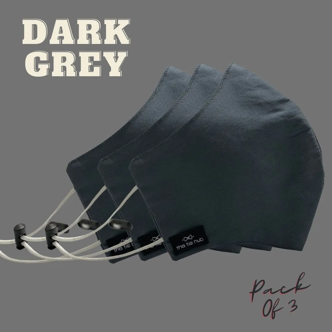 The Tie Hub Dark Grey Solid 100% Premium Cotton Reusable Face Mask - Pack Of 3