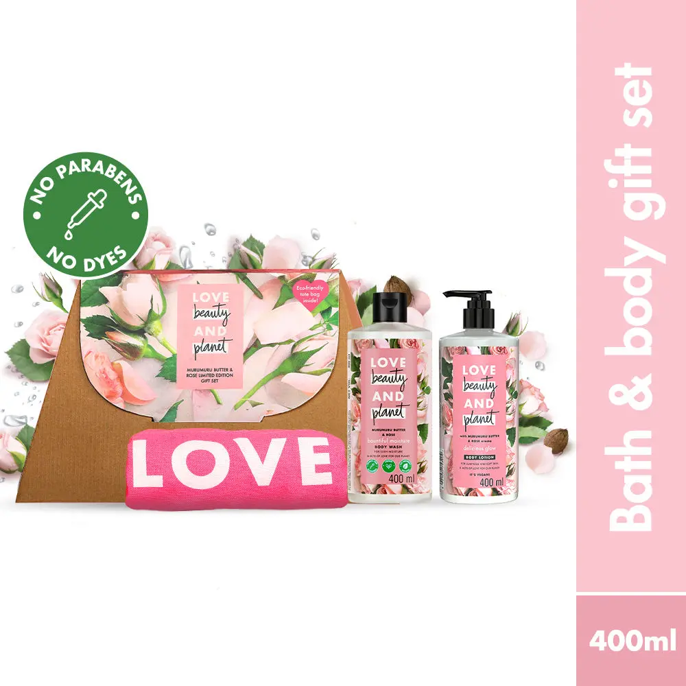 Love Beauty And Planet Murumuru Butter & Rose Body Wash, Body Lotion & Tote Bag