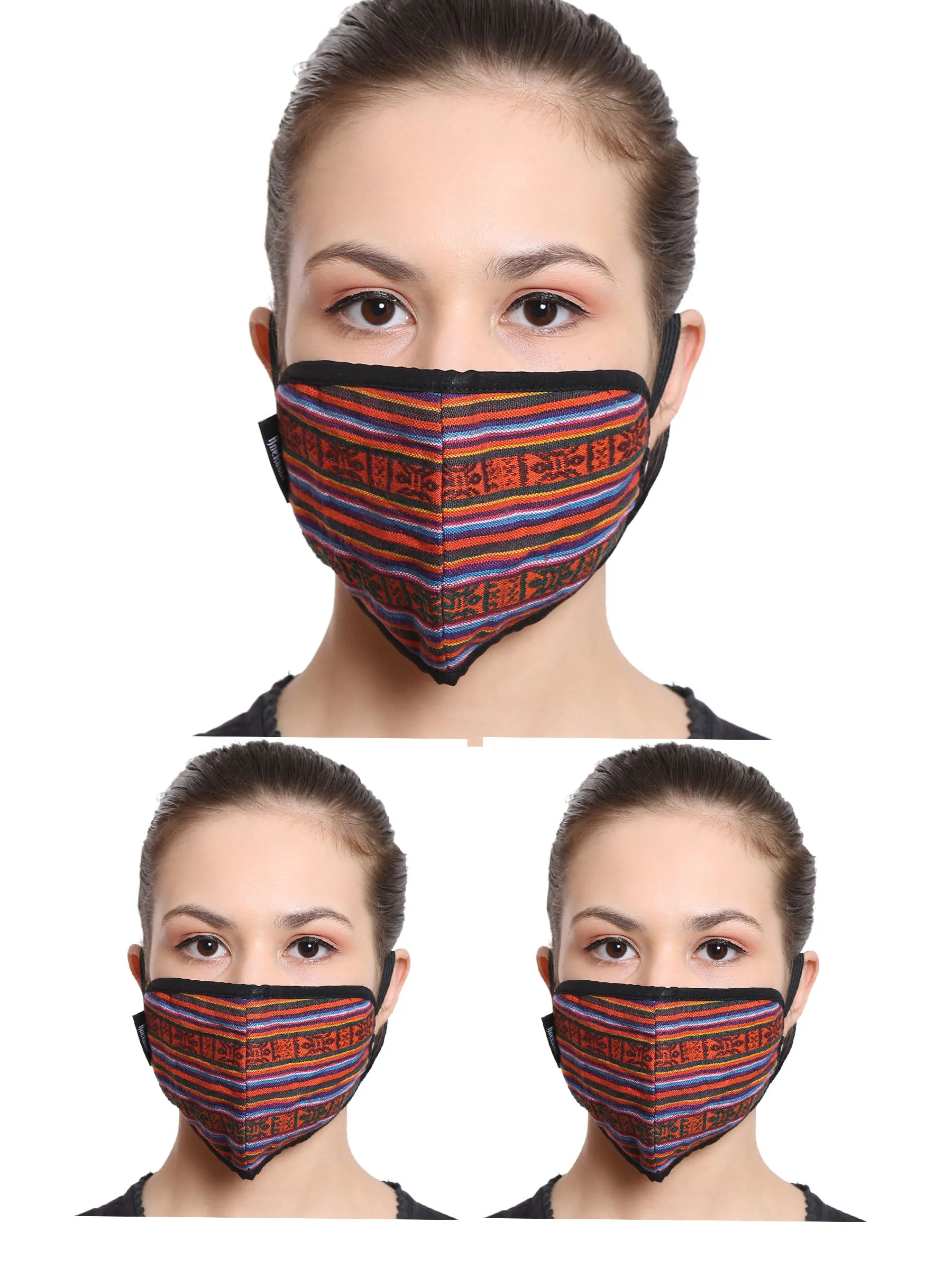 Anekaant Rust & Multi 3-Ply Reusable Cotton Striped Fabric Fashion Mask (Pack Of 3)