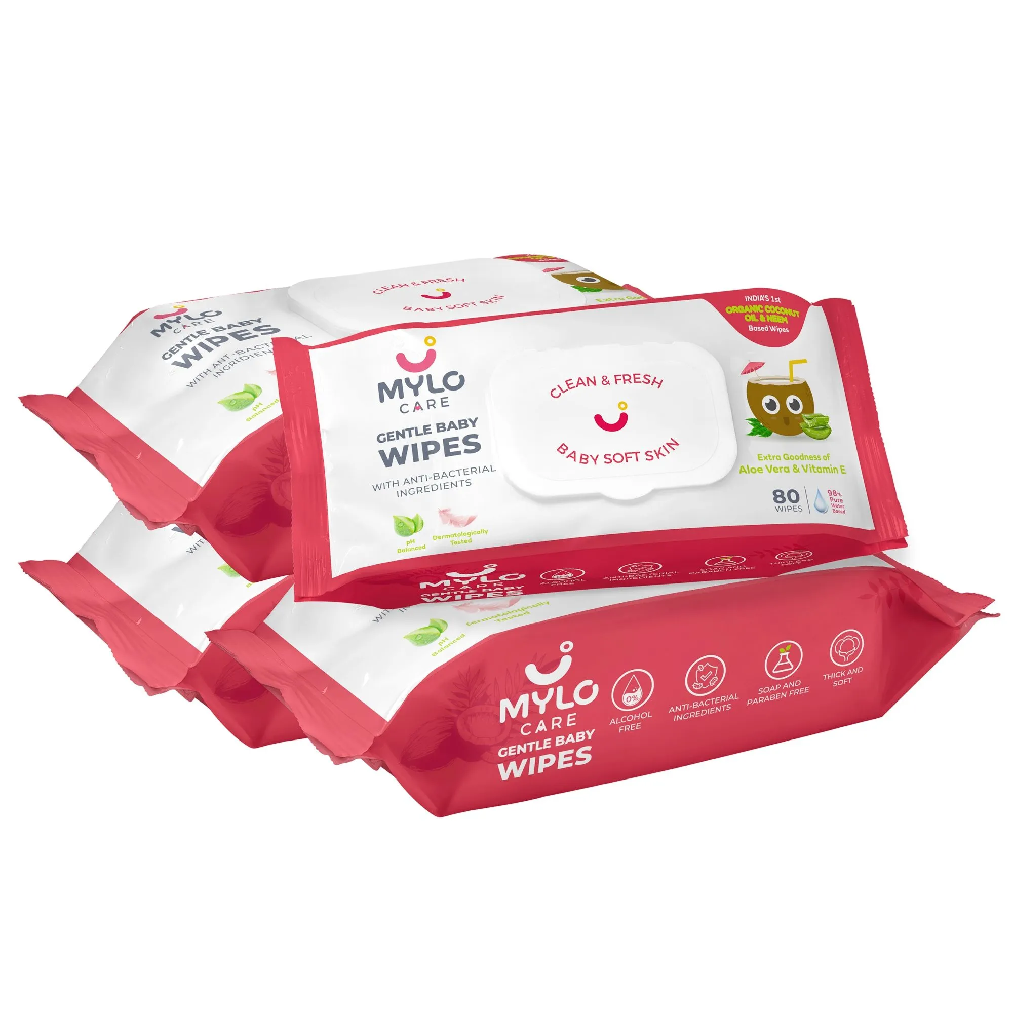 Mylo Care Gentle Baby wipes with 98% Pure Water, Coconut Oil & Neem With Lid - Pack of 4