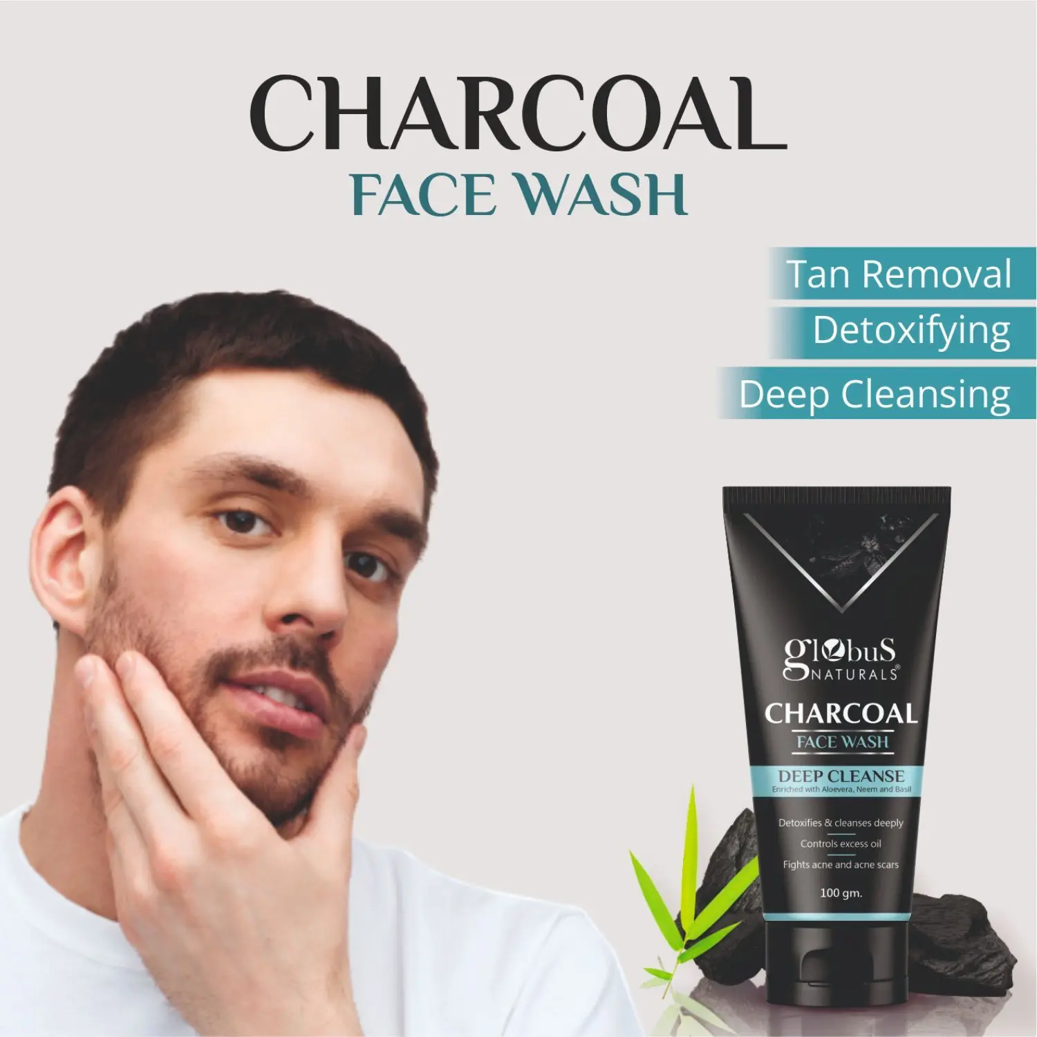 Globus Naturals Charcoal Face Wash Enriched with Aloevera ,Neem & Basil for Detoxifies & cleanses deeply , control excess oil, Fight acne and Acne scars Face Wash (100 g)