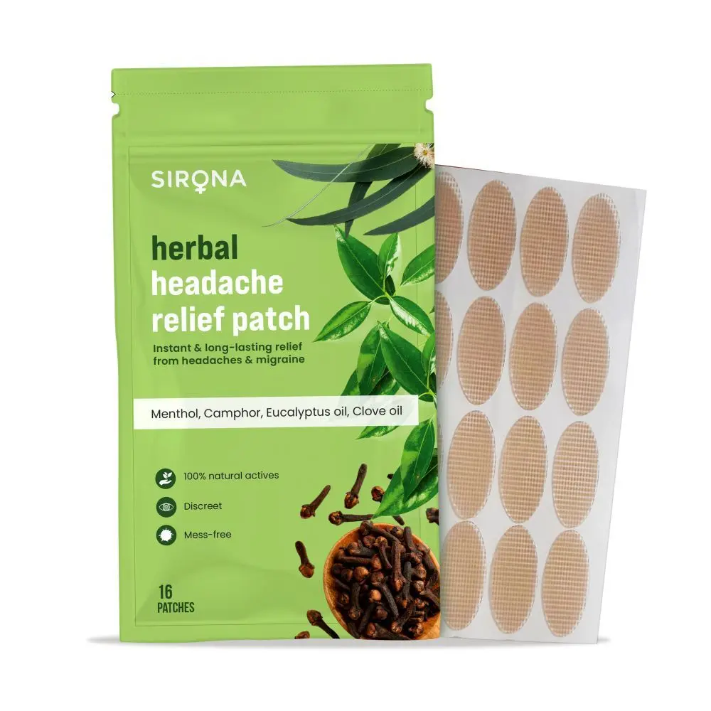 Sirona Herbal headache - Pack of 16 Patches |Instant Relief from headaches and Migraine with natural herbal ingredients like Menthol, Camphor, Eucalyptus oil and Clove oil | No Side Effects