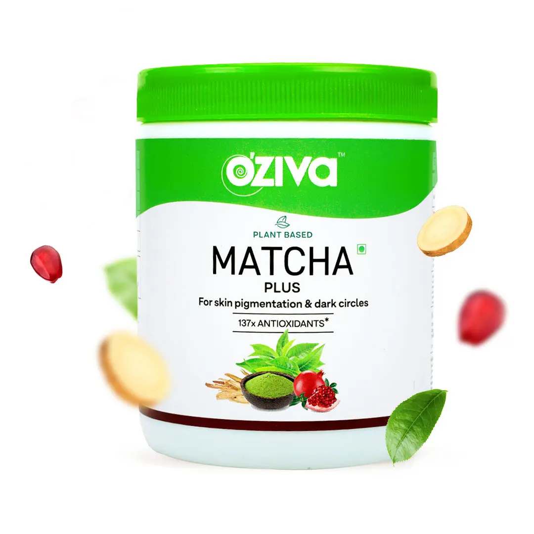 OZiva Plant Based Matcha Plus (Organic Japanese Matcha Powder with Licorice & Activated Charcoal), Rich in Antioxidants, for Skin Pigmentation & Dark Circles, 50g