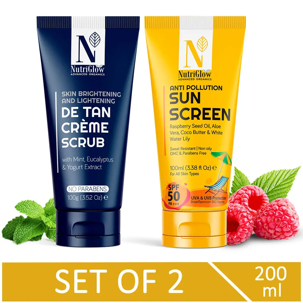 NutriGlow Advanced Organics Combo of 2 Sun Screen SPF 50 (100ml) & De Tan Creme Scrub (100gm) For Whitening Effect