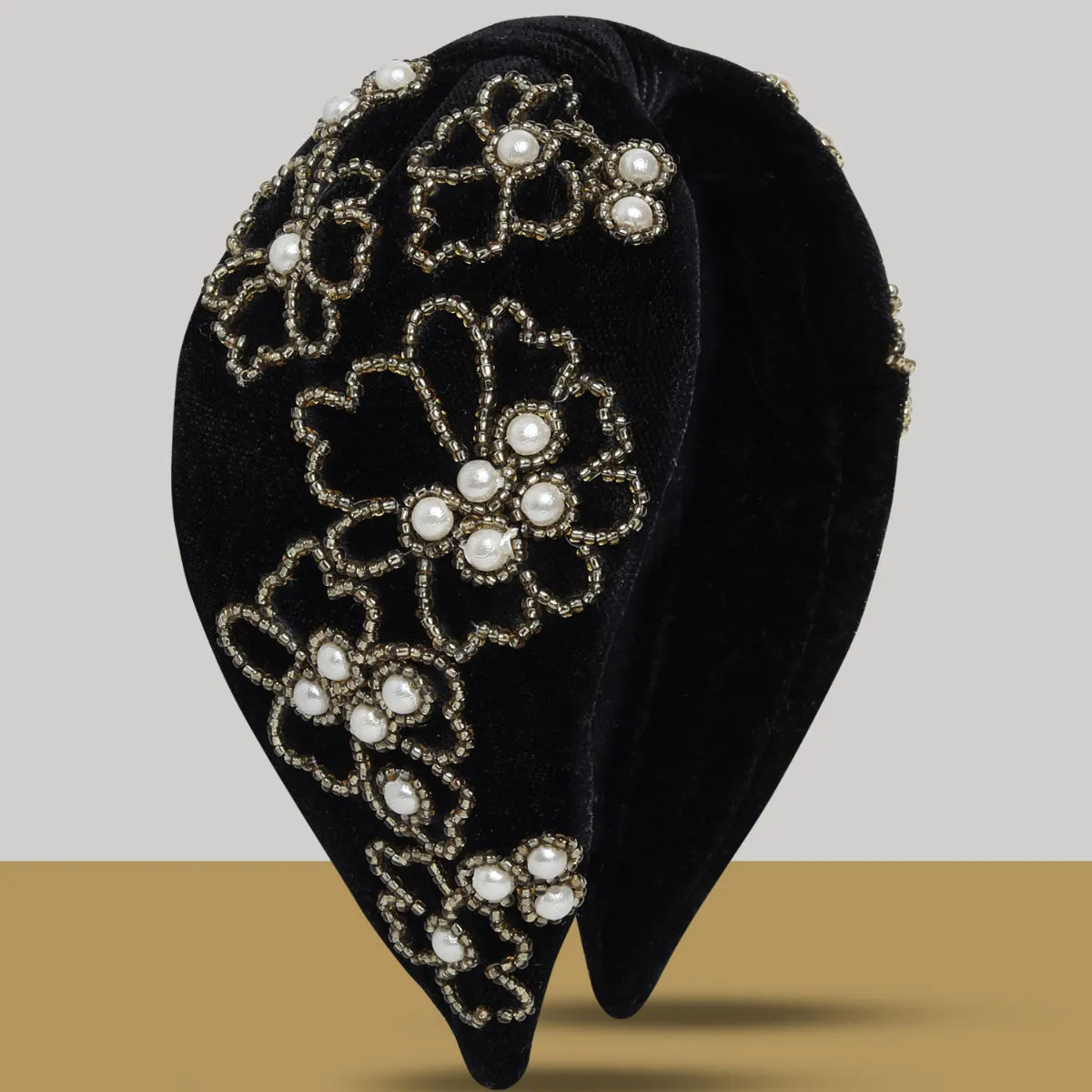 Blueberry White Pearl And Golden Beads Embellished Black Velevt Knot Hairband