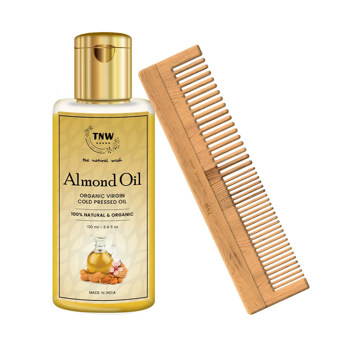 TNW-The Natural Wash Combo of Pure Almond Oil & Neem Comb | Oil Rich In Vitamin E For Face ,Skin And Hairs 100 ML | Wooden Neem Comb , Elminiates Infections And Toxins