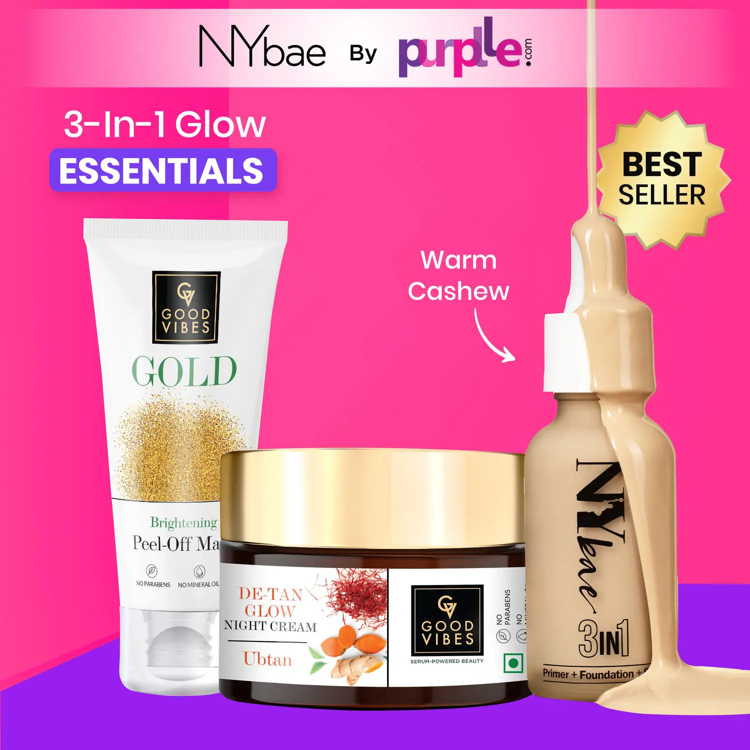 3-in-1 Glow Essentials |Good Vibes De-Tan Glow Night Cream| Night Cream | Ubtan | Good Vibes Gold Brightening Peel Off Mask | Nybae 3 in 1 Serum Foundation | Korean Glow