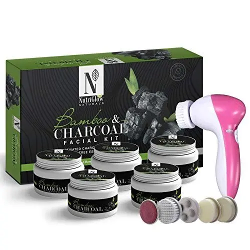 NutriGlow NATURAL'S Bamboo & Charcoal Facial Kit (260gm) With 5-in-1 Face Massager For Removes Blackheads