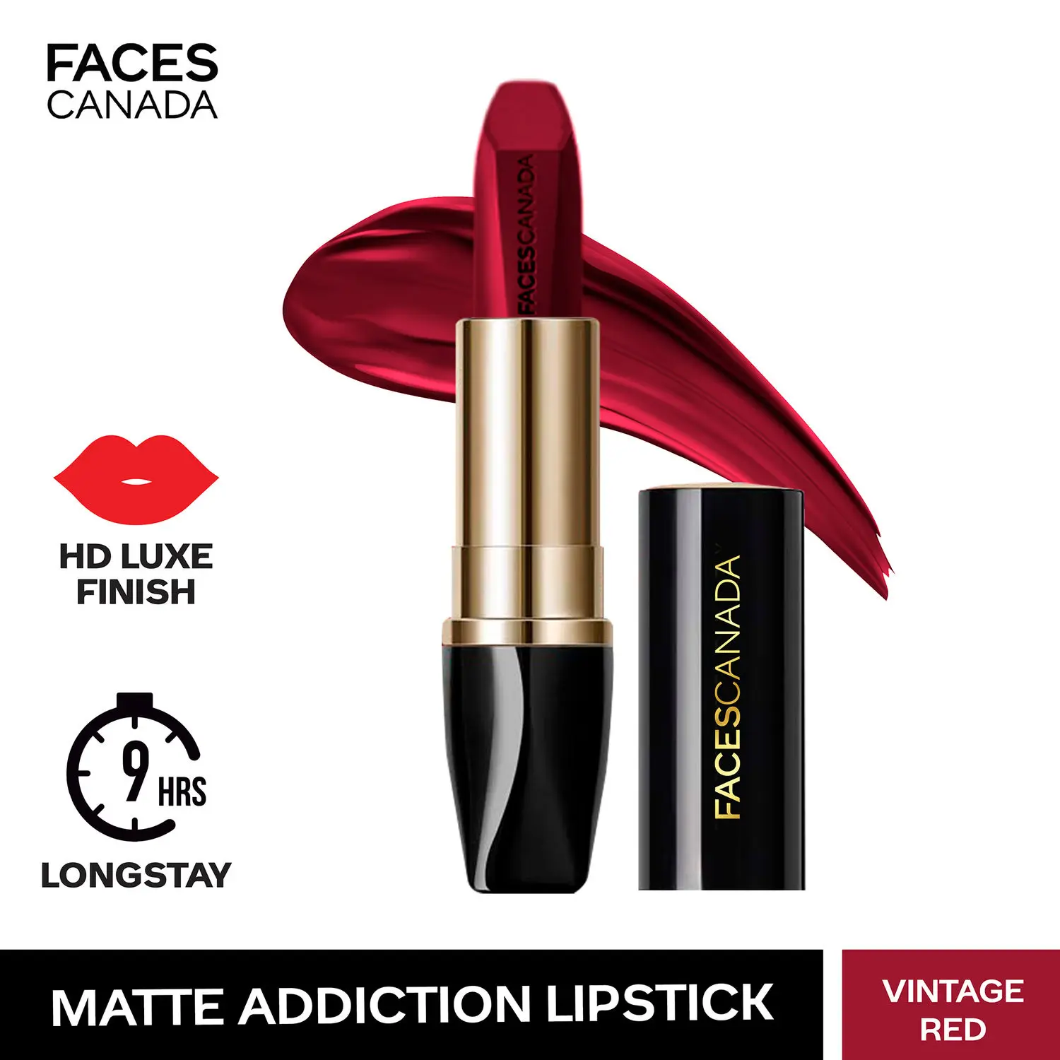 FACESCANADA Matte Addiction Lipstick Vintage Red 08 I 9 HR Longstay I HD Finish I Hydrating Comfort I Primer Infused I With Mulberry & Shea Butter I 3.7g