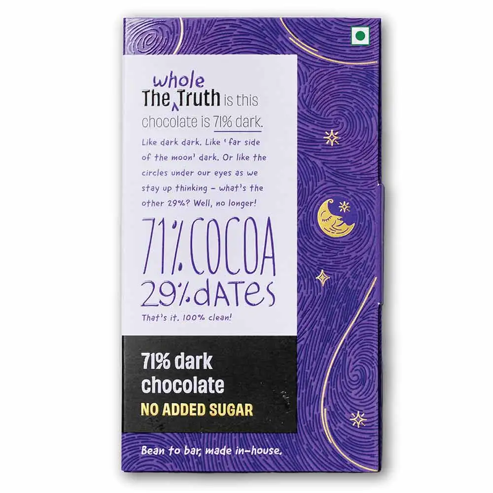 The Whole Truth 71% Dark Chocolate,  2 Piece(s)/Pack  71% Cocoa, 29% Dates (No Added Sugar)