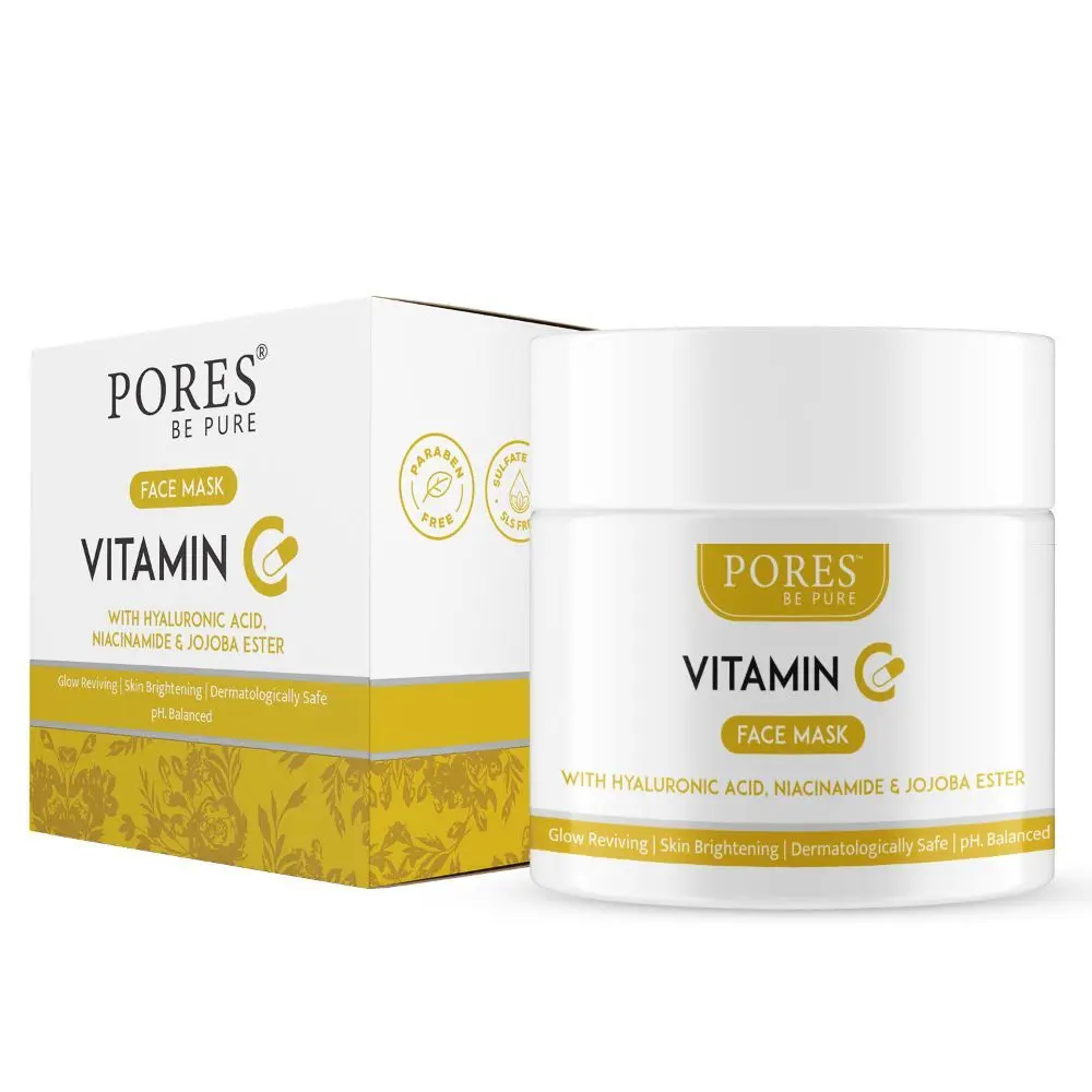 PORES Be Pure Vitamin C Clay Face Mask with Hyaluronic Acid, Niacinamide & Jojoba Ester for Glowing, Brightening, Reduces Dark Spots for All Skin-Parabens & Sulphate Free - 100 G