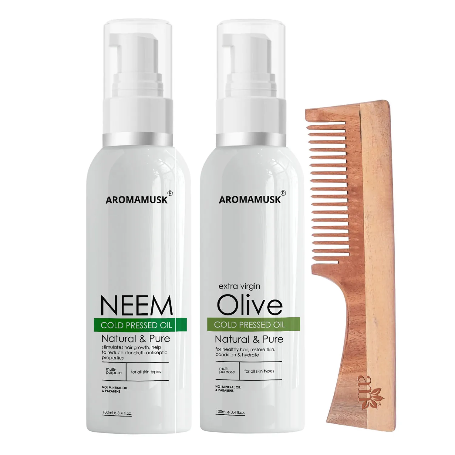 AromaMusk Organic 100% Pure Cold Pressed Neem Olive Oil & Neem Wood Comb with Handle