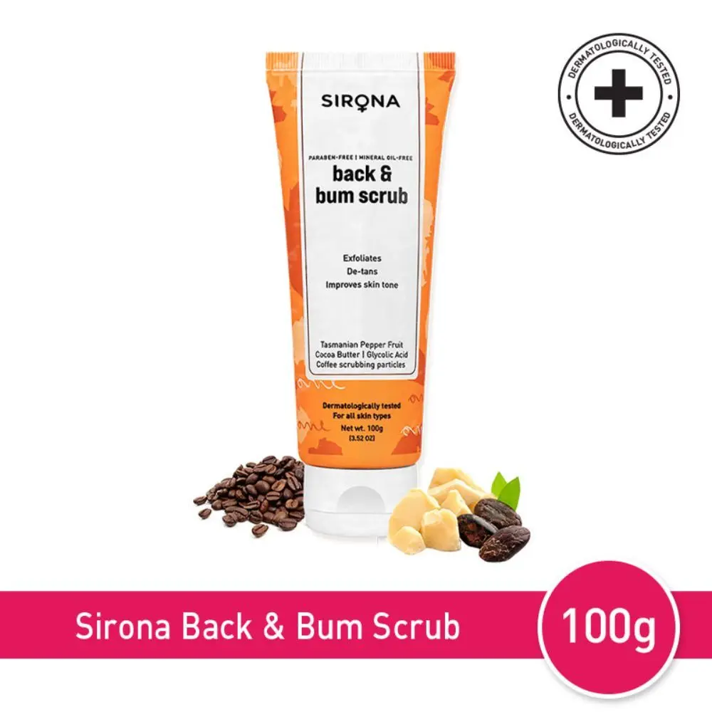 Sirona Exfoliating Coffee Scrub for Back & Bum with Cocoa Butter & Tasmanian Pepper Fruit Extracts | Gentle Exfoliator for Uneven, Dark & Patchy Skin | Reduces Dark Spots And Acne