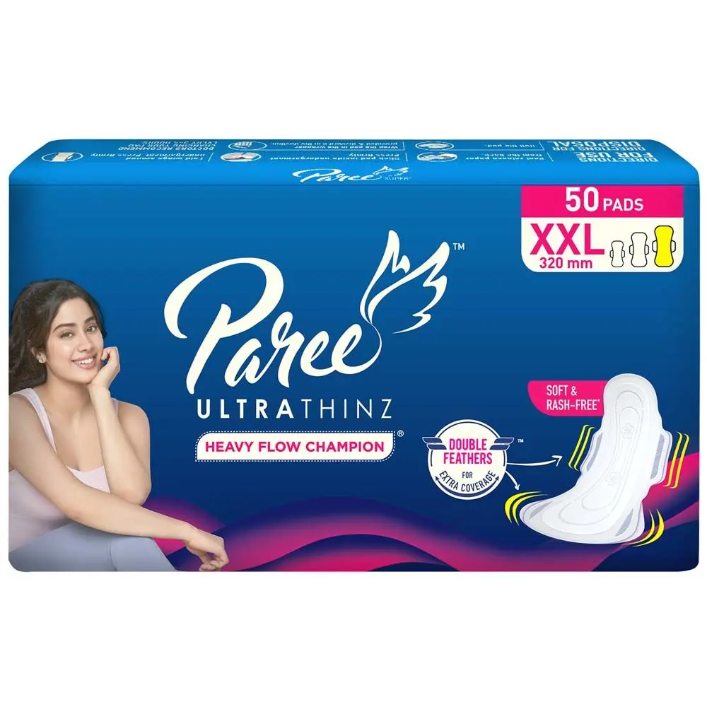 Paree Ultra Thinz XXL Tri-Fold Sanitary Pads for Women|50 Pads| Heavy Flow Champion|Double Feathers for Extra Coverage|Leakage-Proof| 