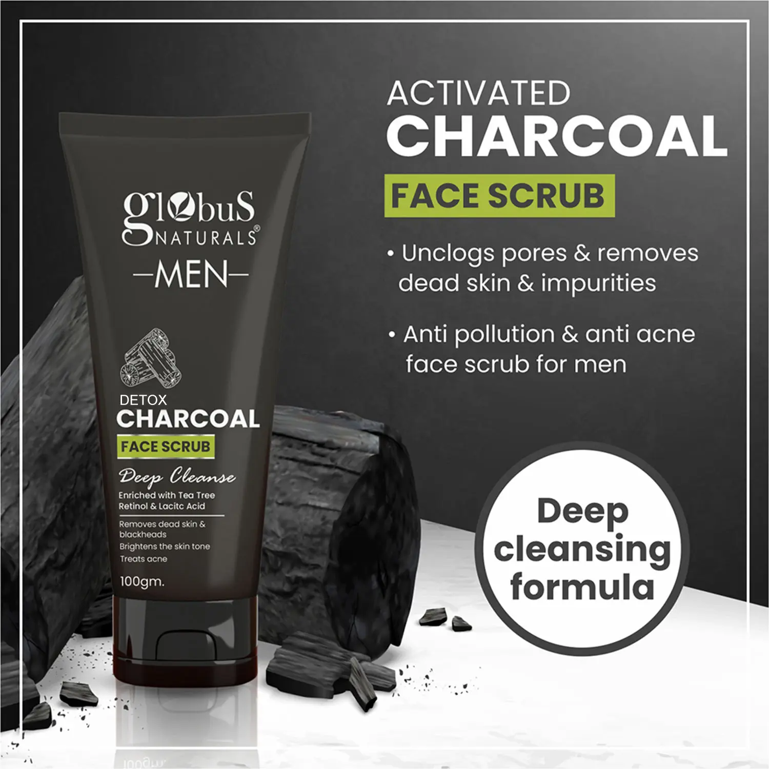 Globus Naturals Anti Pollution & Anti Acne Charcoal Face Scrub, Detox & Deep Cleanse Formula, Fights Pollution and De-Tans skin, For Men with Oily & Acne Prone Skin, 100 gms