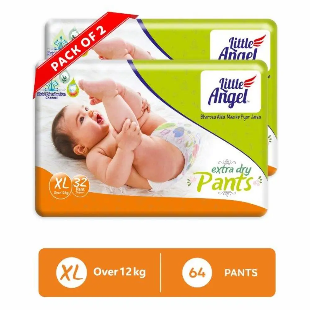 Little Angel Extra Dry Baby Pants Diaper, Extra Large (XL) Size, 64 Count, Super Absorbent Core Up to 12 Hrs. Protection, Soft Elastic Waist Grip & Wetness Indicator, Pack of 2, 32 count/pack, Over 12kg