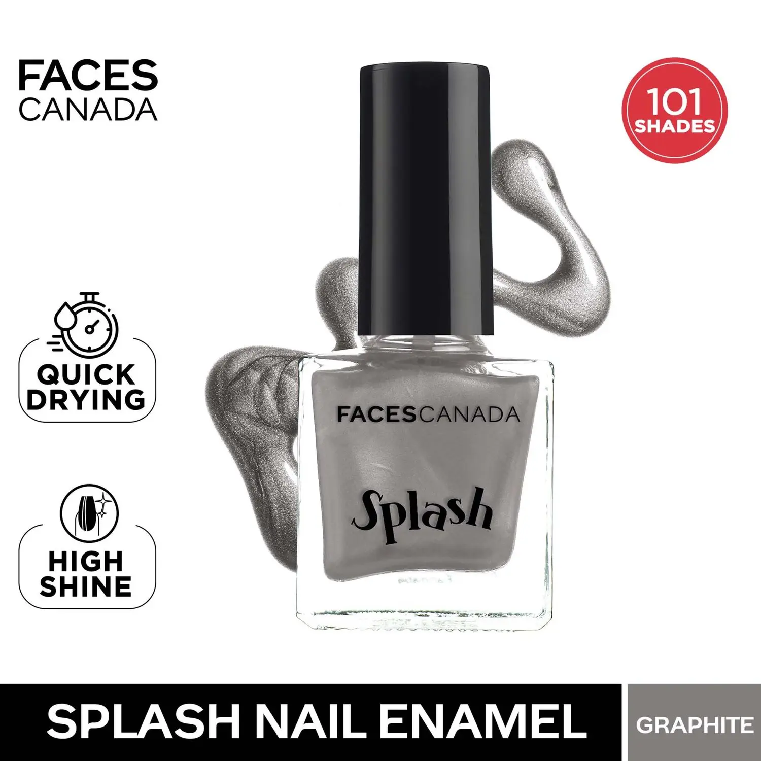 Faces Canada Splash Nail Enamel | Fast Dry | High Shine | Long Lasting | No Chip Formula | No Harmful Chemicals | Shade - Graphite 9ml