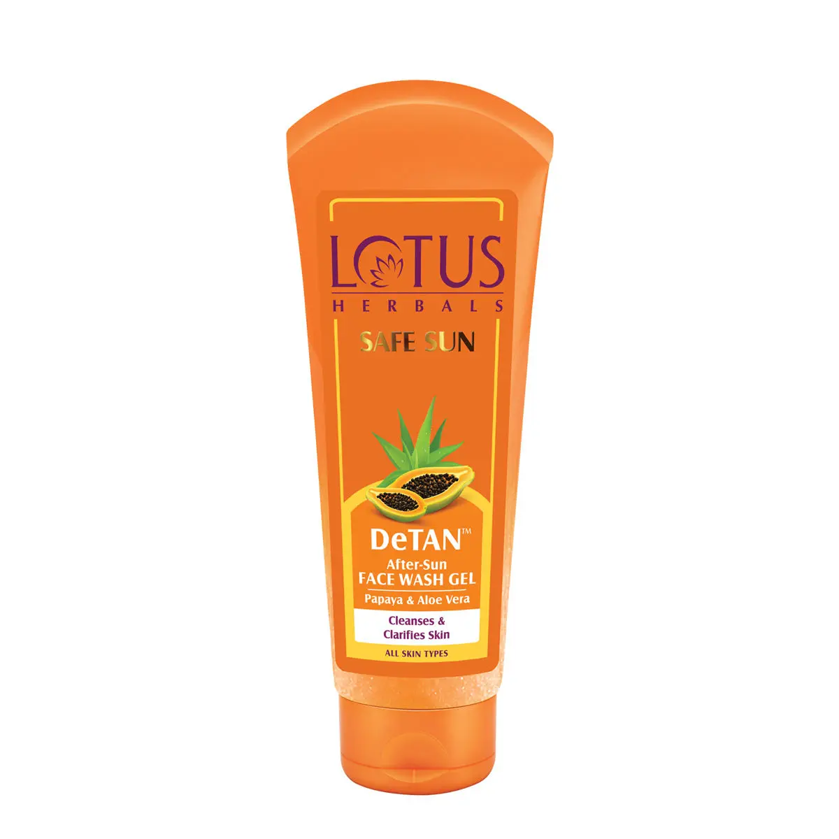 Lotus Herbals Safe Sun DeTAN After-Sun Face Wash Gel | Papaya & Aloe Vera | All Skin Types | 100g