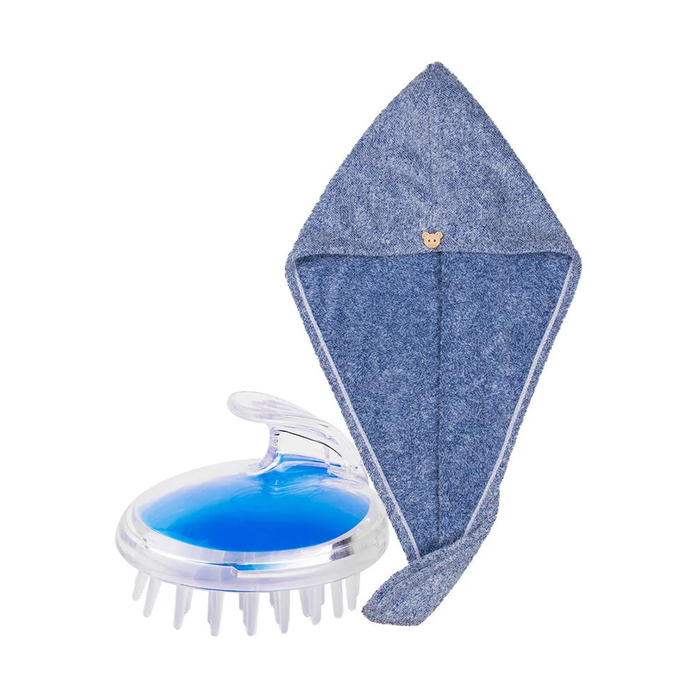 Streak Street Microfiber Hair Towel- Marine Blue + Cobalt Blue Scalp Massager And Shampoo Brush